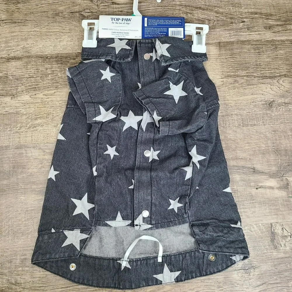 Top Paw Faded Black White Star Patriotic Denim Dog Jacket Size: L Shacket Shirt - Picture 3 of 6